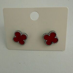 Boutique Stainless Steel Red Enamel and SilverTone Clover Earrings